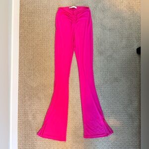 Bershka Hot Pink Ruched Waist Flare Pants XS Split Hem Y2K